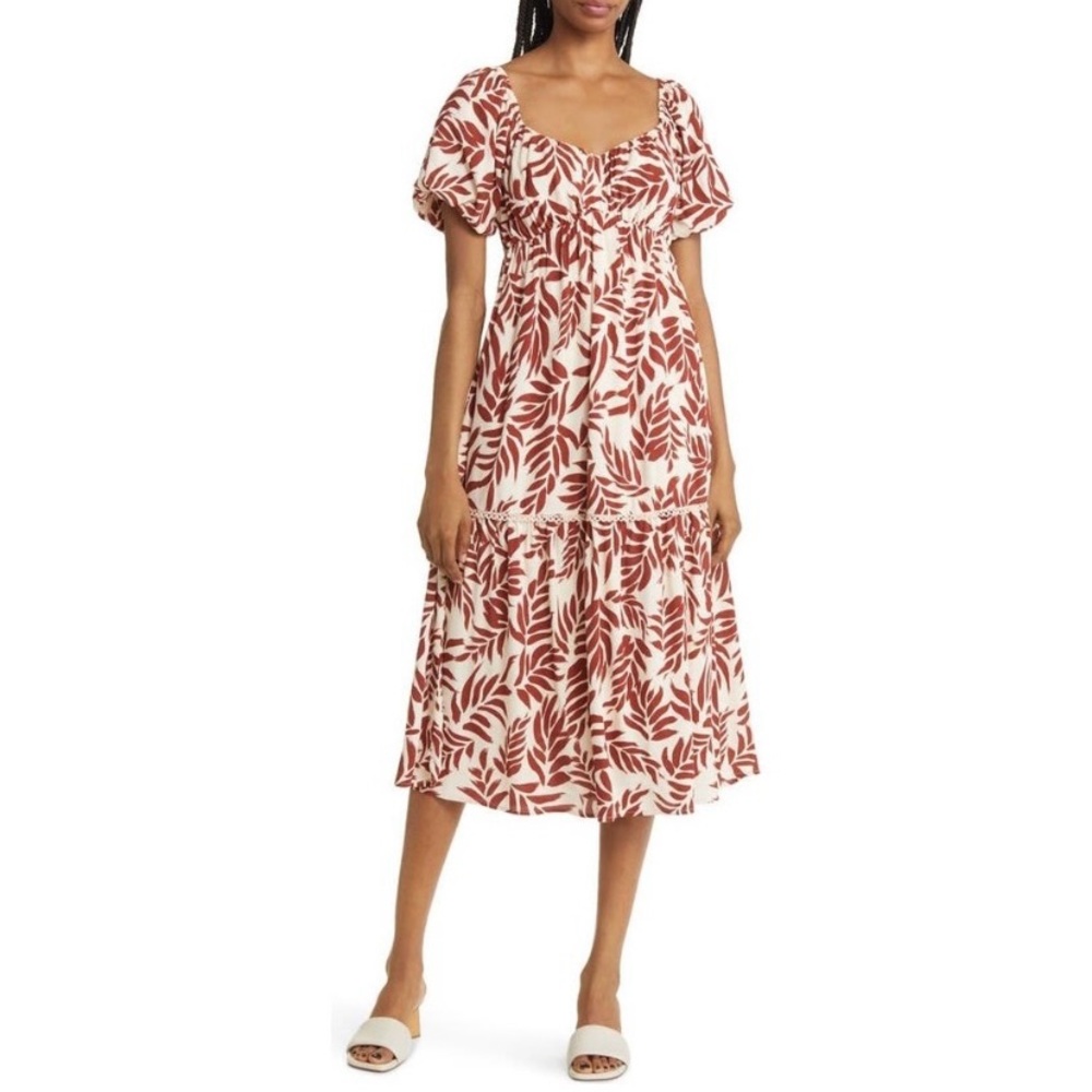 Lost + Wander Rust Leaf Print Midi Dress on Cream